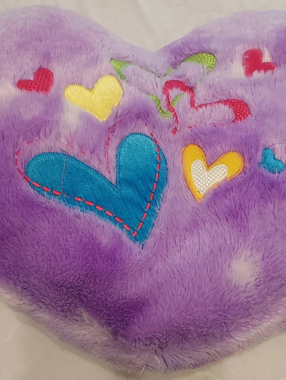 Plush Purple Heart Pillow with Colorful Heart Appliqués